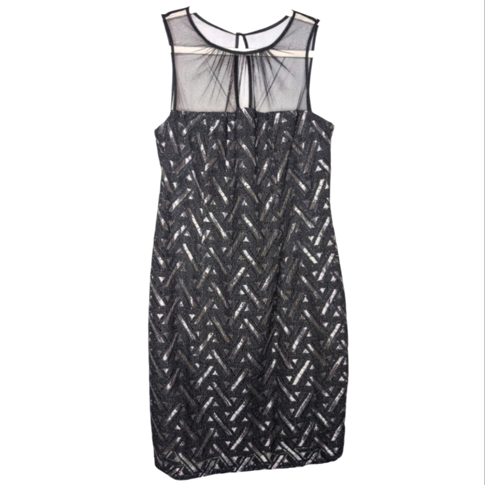 London Times Sheer Pleated Neckline Woven Textured Chevron Print Dress Black 14
